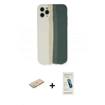 MARSİLYAN™- iPhone 11 Pro Kılıf Yadigar Çizgi - Şeffaf Pasifik Cam Ekran Koruyucu + Renkli Kamera Lens Koruma Cam - YL
