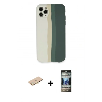 MARSİLYAN™- iPhone 11 Pro Kılıf Yadigar Çizgi - Siyah 34D Hayalet Izgaralı Cam + Renkli Kamera Lens Koruma Cam - SI