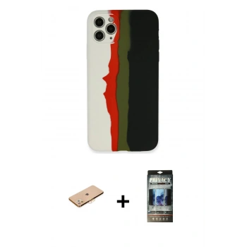 MARSİLYAN™- iPhone 11 Pro Kılıf Yadigar Çizgi - Siyah 34D Hayalet Izgaralı Cam + Renkli Kamera Lens Koruma Cam - TU