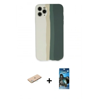 MARSİLYAN™- iPhone 11 Pro Kılıf Yadigar Çizgi - Siyah 34D Izgaralı Cam + Renkli Kamera Lens Koruma Cam - MI