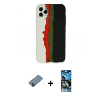 MARSİLYAN™- iPhone 11 Pro Kılıf Yadigar Çizgi - Siyah 34D Izgaralı Cam + Shine Kamera Lens Koruma Cam - MI