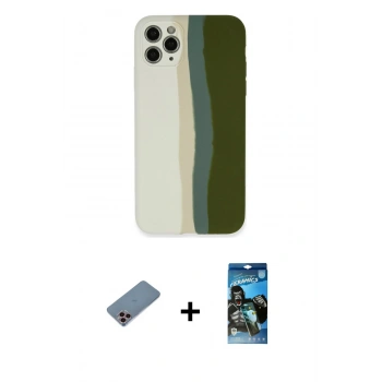 MARSİLYAN™- iPhone 11 Pro Kılıf Yadigar Çizgi - Siyah 34D Izgaralı Cam + Shine Kamera Lens Koruma Cam - PE