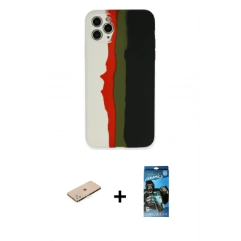 MARSİLYAN™- iPhone 11 Pro Kılıf Yadigar Çizgi - Siyah 34D Izgaralı Cam + Renkli Kamera Lens Koruma Cam - YL