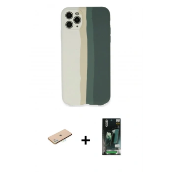 MARSİLYAN™- iPhone 11 Pro Kılıf Yadigar Çizgi - Siyah 360 Mat Full Body Arka Koruyucu + Renkli Kamera Lens Koruma Cam - MI