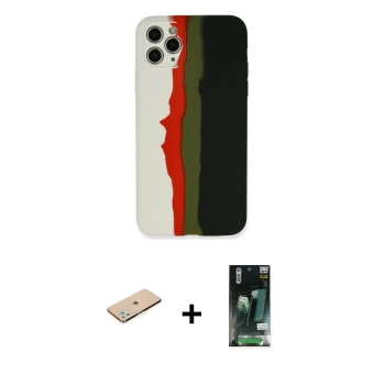 MARSİLYAN™- iPhone 11 Pro Kılıf Yadigar Çizgi - Siyah 360 Mat Full Body Arka Koruyucu + Renkli Kamera Lens Koruma Cam - YL