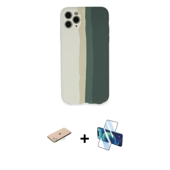MARSİLYAN™- iPhone 11 Pro Kılıf Yadigar Çizgi - Siyah 3D Antistatik Cam Ekran Koruyucu + Renkli Kamera Lens Koruma Cam - MI