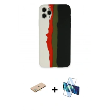 MARSİLYAN™- iPhone 11 Pro Kılıf Yadigar Çizgi - Siyah 3D Antistatik Cam Ekran Koruyucu + Renkli Kamera Lens Koruma Cam - PE