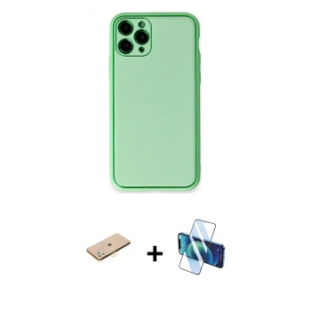 MARSİLYAN™- iPhone 11 Pro Kılıf Yadigar Klasik - Siyah 3D Antistatik Cam Ekran Koruyucu + Renkli Kamera Lens Koruma Cam - PE