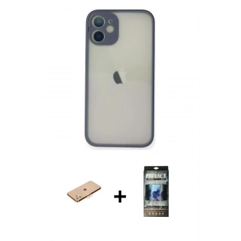 MARSİLYAN™- iPhone 11 Pro Max Kılıf Ahenk Çizgi Serisi - Siyah 34D Hayalet Izgaralı Cam + Renkli Kamera Lens Koruma Cam - TU