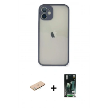 MARSİLYAN™- iPhone 11 Pro Max Kılıf Ahenk Çizgi Serisi - Siyah 360 Mat Full Body Arka Koruyucu + Renkli Kamera Lens Koruma Cam - MI