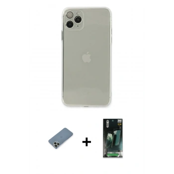 MARSİLYAN™- iPhone 11 Pro Max Kılıf Ahenk Doku - Şeffaf 360 Full Body Arka Koruyucu + Metal Kamera Lens Koruma Cam - AKYL