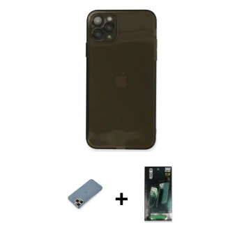 MARSİLYAN™- iPhone 11 Pro Max Kılıf Ahenk Doku - Şeffaf 360 Full Body Arka Koruyucu + Metal Kamera Lens Koruma Cam - GD