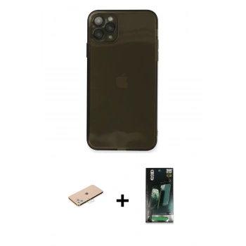 MARSİLYAN™- iPhone 11 Pro Max Kılıf Ahenk Doku - Şeffaf 360 Full Body Arka Koruyucu + Renkli Kamera Lens Koruma Cam - MI
