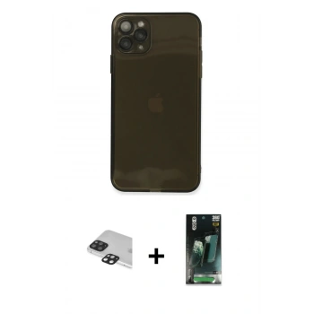MARSİLYAN™- iPhone 11 Pro Max Kılıf Ahenk Doku - Şeffaf 360 Full Body Arka Koruyucu + Pers Alüminyum Kamera Lens - SH