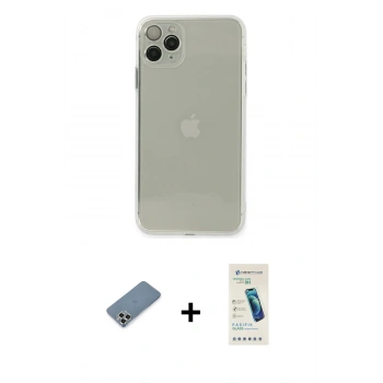 MARSİLYAN™- iPhone 11 Pro Max Kılıf Ahenk Doku - Şeffaf Pasifik Cam Ekran Koruyucu + Metal Kamera Lens Koruma Cam - GS