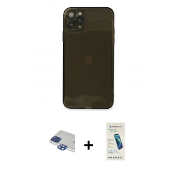 MARSİLYAN™- iPhone 11 Pro Max Kılıf Ahenk Doku - Şeffaf Pasifik Cam Ekran Koruyucu + Pers Alüminyum Kamera Lens - LT