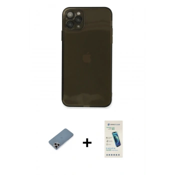 MARSİLYAN™- iPhone 11 Pro Max Kılıf Ahenk Doku - Şeffaf Pasifik Cam Ekran Koruyucu + Metal Kamera Lens Koruma Cam - MR