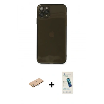 MARSİLYAN™- iPhone 11 Pro Max Kılıf Ahenk Doku - Şeffaf Pasifik Cam Ekran Koruyucu + Renkli Kamera Lens Koruma Cam - PE