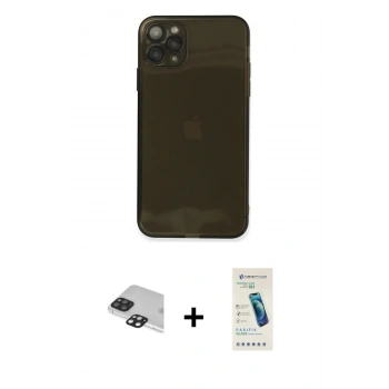 MARSİLYAN™- iPhone 11 Pro Max Kılıf Ahenk Doku - Şeffaf Pasifik Cam Ekran Koruyucu + Pers Alüminyum Kamera Lens - SH