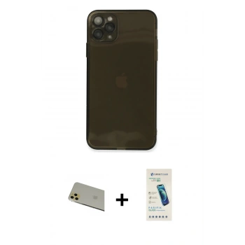 MARSİLYAN™- iPhone 11 Pro Max Kılıf Ahenk Doku - Şeffaf Pasifik Cam Ekran Koruyucu + Rainbow Kamera Lens Koruma Cam - GD