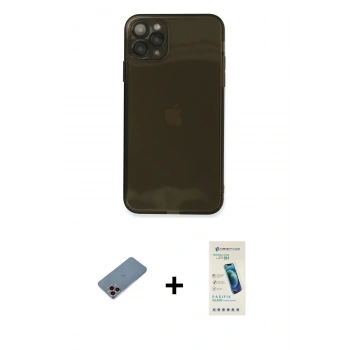 MARSİLYAN™- iPhone 11 Pro Max Kılıf Ahenk Doku - Şeffaf Pasifik Cam Ekran Koruyucu + Shine Kamera Lens Koruma Cam - PE