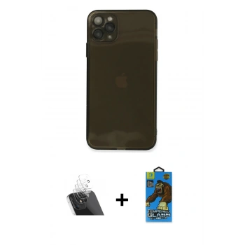MARSİLYAN™- iPhone 11 Pro Max Kılıf Ahenk Doku - Siyah 18D Cam Ekran Koruyucu + Kamera Lens Koruma Cam - SF