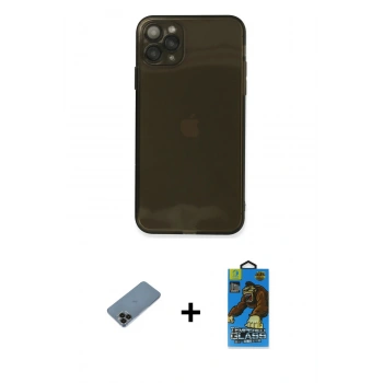 MARSİLYAN™- iPhone 11 Pro Max Kılıf Ahenk Doku - Siyah 18D Cam Ekran Koruyucu + Shine Kamera Lens Koruma Cam - SH