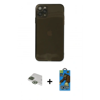 MARSİLYAN™- iPhone 11 Pro Max Kılıf Ahenk Doku - Siyah 18D Cam Ekran Koruyucu + Pers Alüminyum Kamera Lens - YL