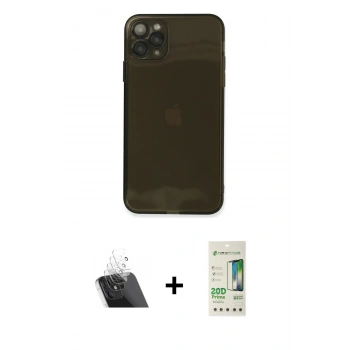 MARSİLYAN™- iPhone 11 Pro Max Kılıf Ahenk Doku - Siyah 20D Premium Cam Ekran Koruyucu + Kamera Lens Koruma Cam - SF