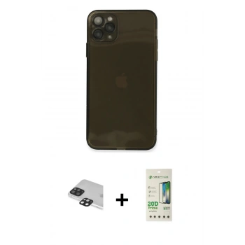 MARSİLYAN™- iPhone 11 Pro Max Kılıf Ahenk Doku - Siyah 20D Premium Cam Ekran Koruyucu + Pers Alüminyum Kamera Lens - SH