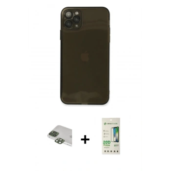 MARSİLYAN™- iPhone 11 Pro Max Kılıf Ahenk Doku - Siyah 20D Premium Cam Ekran Koruyucu + Pers Alüminyum Kamera Lens - YL