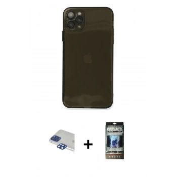 MARSİLYAN™- iPhone 11 Pro Max Kılıf Ahenk Doku - Siyah 34D Hayalet Izgaralı Cam + Pers Alüminyum Kamera Lens - LT