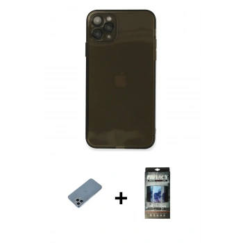 MARSİLYAN™- iPhone 11 Pro Max Kılıf Ahenk Doku - Siyah 34D Hayalet Izgaralı Cam + Shine Kamera Lens Koruma Cam - SABE
