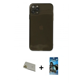 MARSİLYAN™- iPhone 11 Pro Max Kılıf Ahenk Doku - Siyah 34D Izgaralı Cam + Rainbow Kamera Lens Koruma Cam - GD