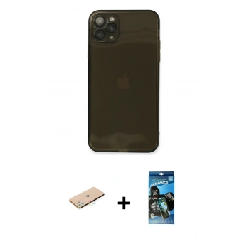 MARSİLYAN™- iPhone 11 Pro Max Kılıf Ahenk Doku - Siyah 34D Izgaralı Cam + Renkli Kamera Lens Koruma Cam - MI