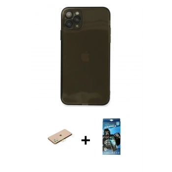 MARSİLYAN™- iPhone 11 Pro Max Kılıf Ahenk Doku - Siyah 34D Izgaralı Cam + Renkli Kamera Lens Koruma Cam - SI