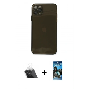 MARSİLYAN™- iPhone 11 Pro Max Kılıf Ahenk Doku - Siyah 34D Izgaralı Cam + Kamera Lens Koruma Cam - SF