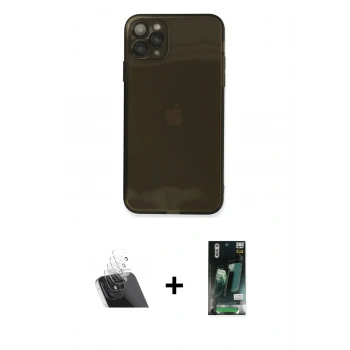 MARSİLYAN™- iPhone 11 Pro Max Kılıf Ahenk Doku - Siyah 360 Mat Full Body Arka Koruyucu + Kamera Lens Koruma Cam - SF