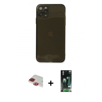 MARSİLYAN™- iPhone 11 Pro Max Kılıf Ahenk Doku - Siyah 360 Mat Full Body Arka Koruyucu + Pers Alüminyum Kamera Lens - KI