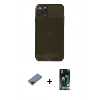 MARSİLYAN™- iPhone 11 Pro Max Kılıf Ahenk Doku - Siyah 360 Mat Full Body Arka Koruyucu + Shine Kamera Lens Koruma Cam - GD