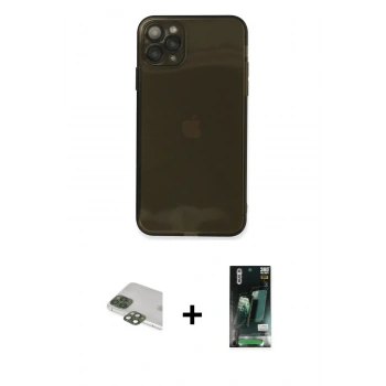 MARSİLYAN™- iPhone 11 Pro Max Kılıf Ahenk Doku - Siyah 360 Mat Full Body Arka Koruyucu + Pers Alüminyum Kamera Lens - YL