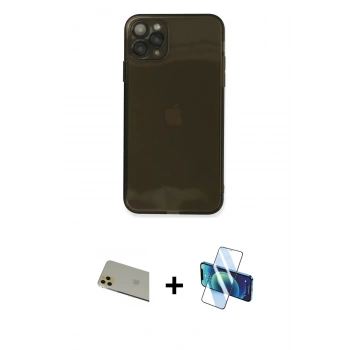 MARSİLYAN™- iPhone 11 Pro Max Kılıf Ahenk Doku - Siyah 3D Antistatik Cam Ekran Koruyucu + Rainbow Kamera Lens Koruma Cam - GD