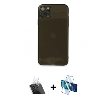 MARSİLYAN™- iPhone 11 Pro Max Kılıf Ahenk Doku - Siyah 3D Antistatik Cam Ekran Koruyucu + Kamera Lens Koruma Cam - SF