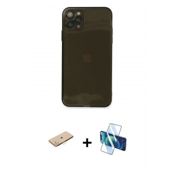 MARSİLYAN™- iPhone 11 Pro Max Kılıf Ahenk Doku - Siyah 3D Antistatik Cam Ekran Koruyucu + Renkli Kamera Lens Koruma Cam - SI