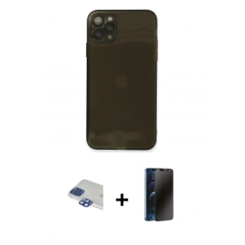 MARSİLYAN™- iPhone 11 Pro Max Kılıf Ahenk Doku - Siyah 3D Antistatik Hayalet Cam Ekran Koruyucu + Pers Alüminyum Kamera Lens - LT