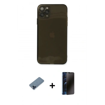 MARSİLYAN™- iPhone 11 Pro Max Kılıf Ahenk Doku - Siyah 3D Antistatik Hayalet Cam Ekran Koruyucu + Metal Kamera Lens Koruma Cam - MI