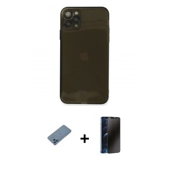 MARSİLYAN™- iPhone 11 Pro Max Kılıf Ahenk Doku - Siyah 3D Antistatik Hayalet Cam Ekran Koruyucu + Shine Kamera Lens Koruma Cam - MI