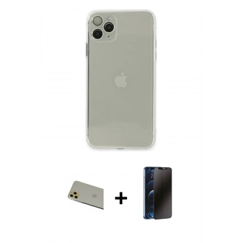 MARSİLYAN™- iPhone 11 Pro Max Kılıf Ahenk Doku - Siyah 3D Antistatik Hayalet Cam Ekran Koruyucu + Rainbow Kamera Lens Koruma Cam - GD