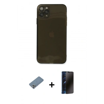 MARSİLYAN™- iPhone 11 Pro Max Kılıf Ahenk Doku - Siyah 3D Antistatik Hayalet Cam Ekran Koruyucu + Shine Kamera Lens Koruma Cam - GS
