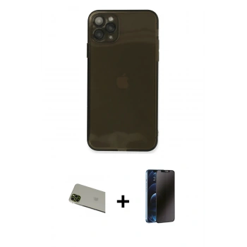 MARSİLYAN™- iPhone 11 Pro Max Kılıf Ahenk Doku - Siyah 3D Antistatik Hayalet Cam Ekran Koruyucu + Rainbow Kamera Lens Koruma Cam - YL